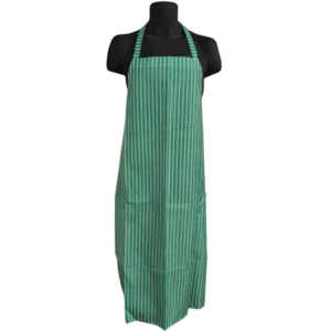 Full-length green apron with white vertical stripes on a black mannequin, featuring a neck strap and two side pockets.