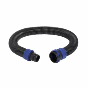 Black corrugated flexible hose with blue quick-connect fittings on both ends, likely a vacuum or drainage hose accessory