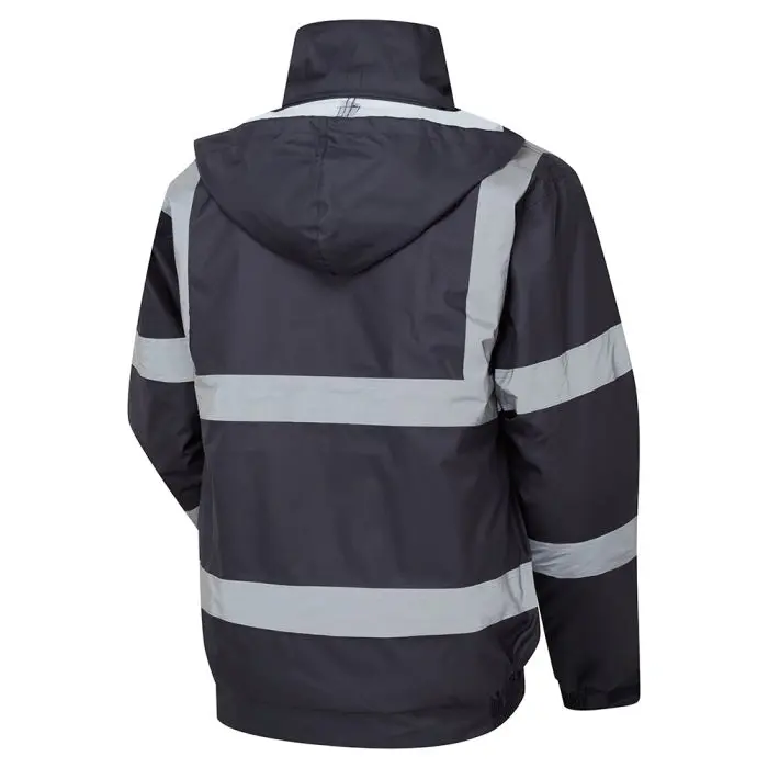 Back view of a dark waterproof jacket with a hood and silver reflective stripes around the chest, arms, and waist.