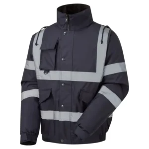 Navy work jacket with wide reflective silver stripes, multiple pockets, and a high collar for safety visibility.