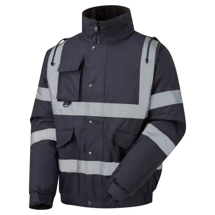 Navy work jacket with wide reflective silver stripes, multiple pockets, and a high collar for safety visibility.