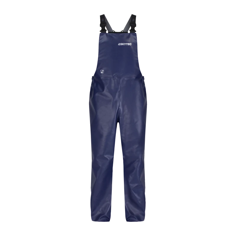 Blue waterproof bib overalls with adjustable black straps and brand name 'ASKYTEC' on the chest area.