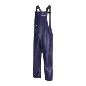 Navy blue waterproof bib overalls with adjustable straps and SKYTEC logo on the chest pocket area