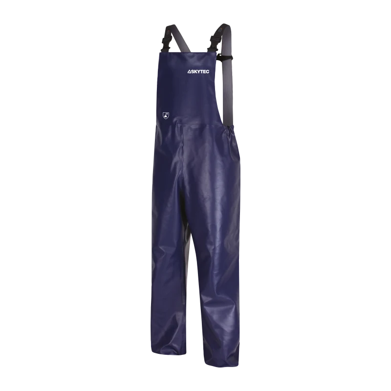Navy blue waterproof bib overalls with adjustable straps and SKYTEC logo on the chest pocket area