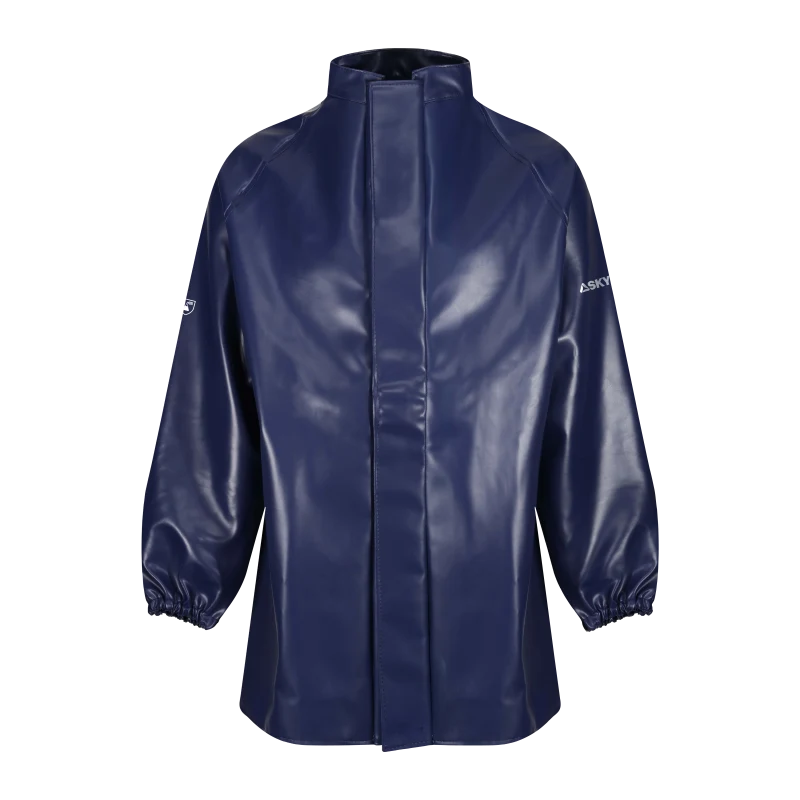 Navy blue waterproof rain jacket with elastic cuffs and full front zip.