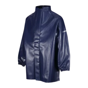 Navy blue waterproof rain jacket with high collar and elastic cuffs on a glossy finish surface edge-to-edge closure.