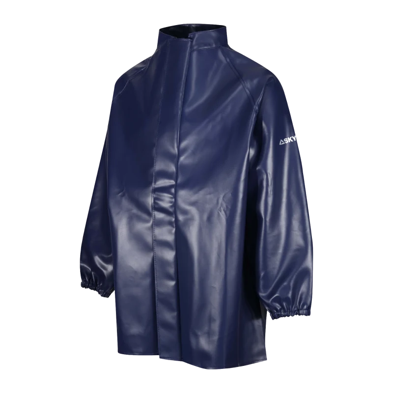 Navy blue waterproof rain jacket with high collar and elastic cuffs on a glossy finish surface edge-to-edge closure.