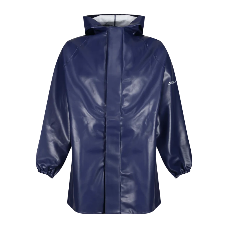 Navy blue waterproof rain jacket with hood and elastic cuffs.