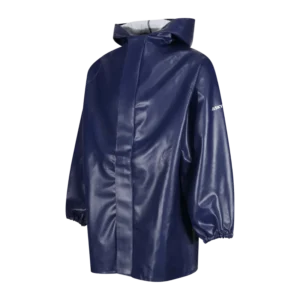 Navy blue hooded rain jacket made of waterproof material with elastic cuffs and a front closure piece on the left sleeve logo visible.
