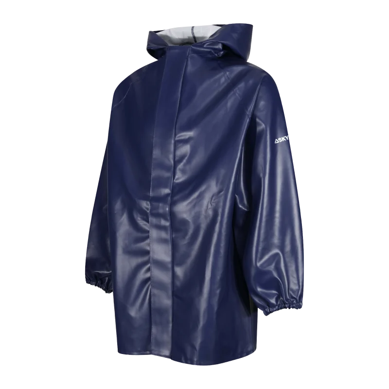 Navy blue hooded rain jacket made of waterproof material with elastic cuffs and a front closure piece on the left sleeve logo visible.