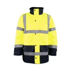 High-visibility neon yellow safety jacket with reflective gray stripes and navy pockets at the front