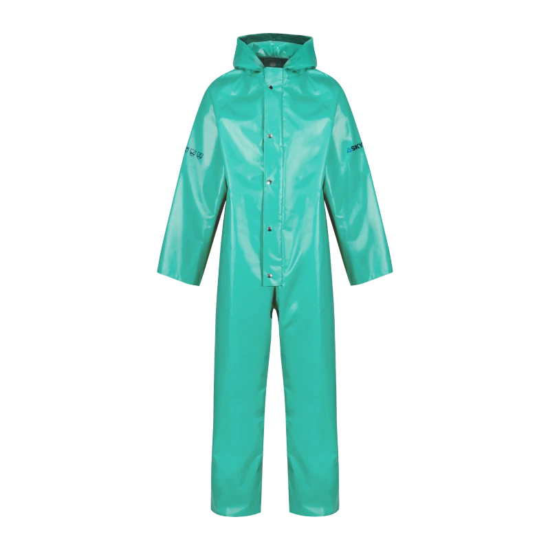 Turquoise rain suit with hood, full-length pants, and front snap buttons for rain protection (informational product image).