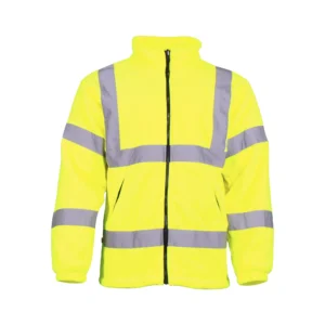High-visibility neon yellow safety jacket with gray reflective stripes and a front zipper