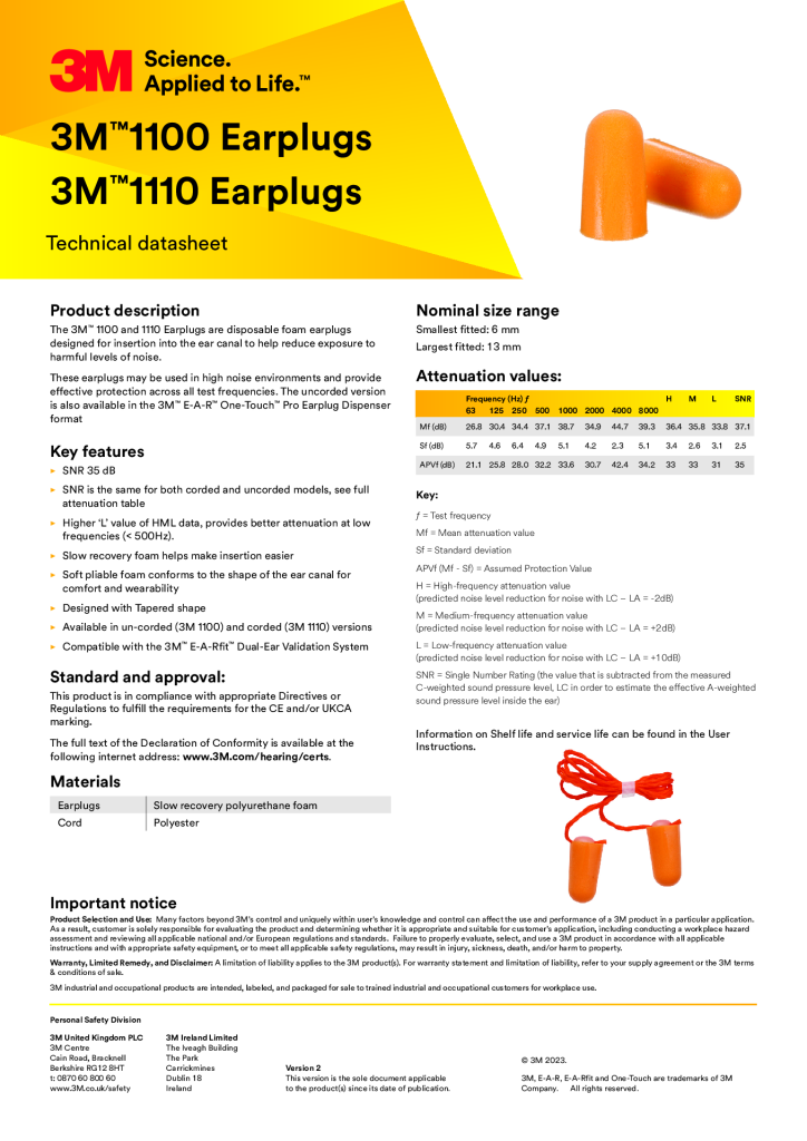 3M 1110 Corded Foam Ear Plug box of 500