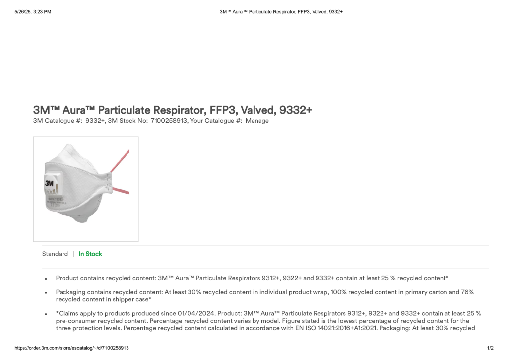 3M™ Aura™ Particulate Respirator, FFP3, Valved, 9332+