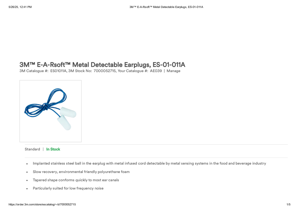 3M™ E-A-Rsoft™ Metal Detectable Earplugs, ES-01-011A