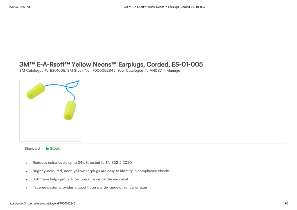 3M™ E-A-Rsoft™ Yellow Neons™ Earplugs, Corded, ES-01-005