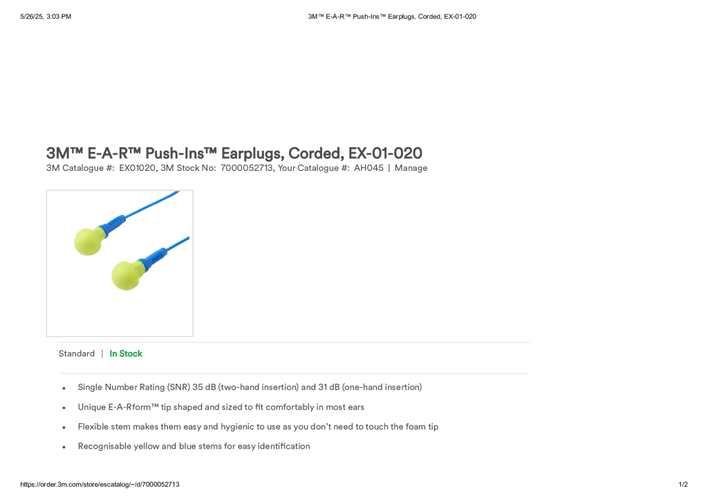 3M™ E-A-R™ Push-Ins™ Earplugs, Corded, EX-01-020