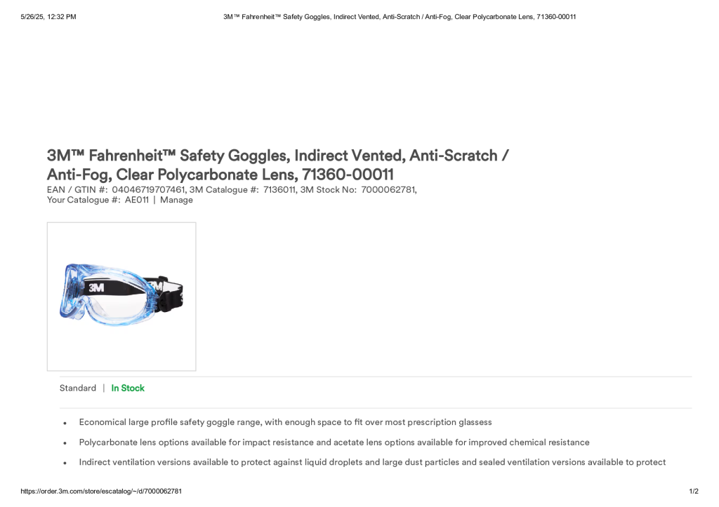 3M™ Fahrenheit™ Safety Goggles, Indirect Vented, Anti-Scratch _ Anti-Fog, Clear Polycarbonate Lens, 71360-00011
