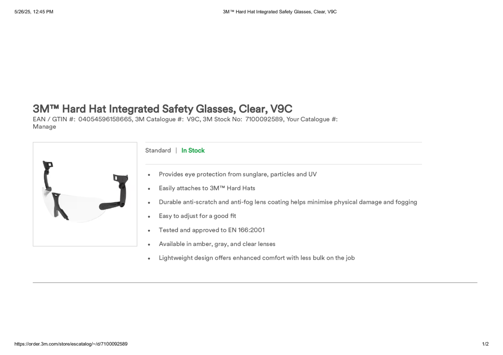 3M™ Hard Hat Integrated Safety Glasses, Clear, V9C