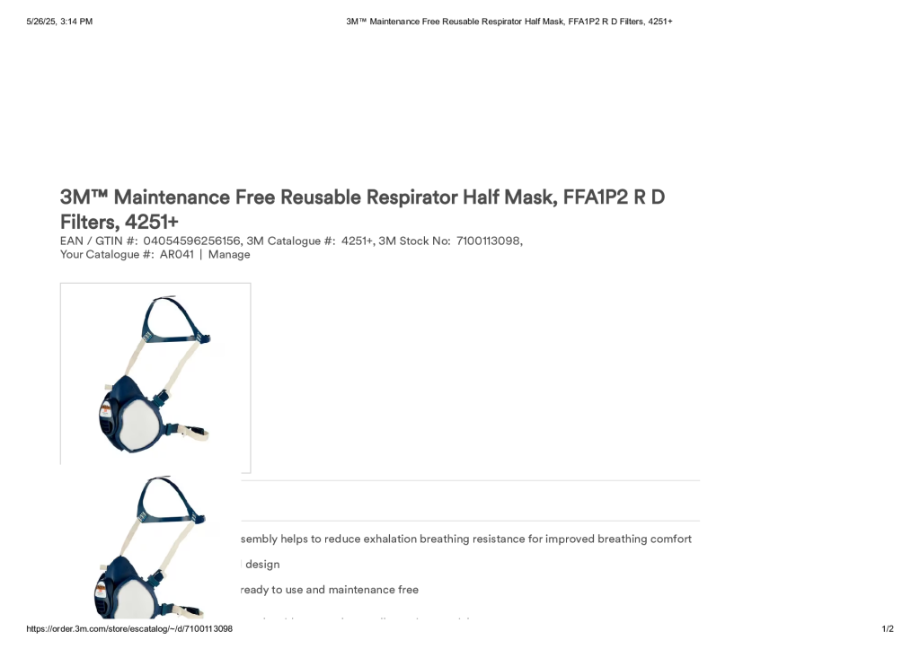 3M™ Maintenance Free Reusable Respirator Half Mask, FFA1P2 R D Filters, 4251+