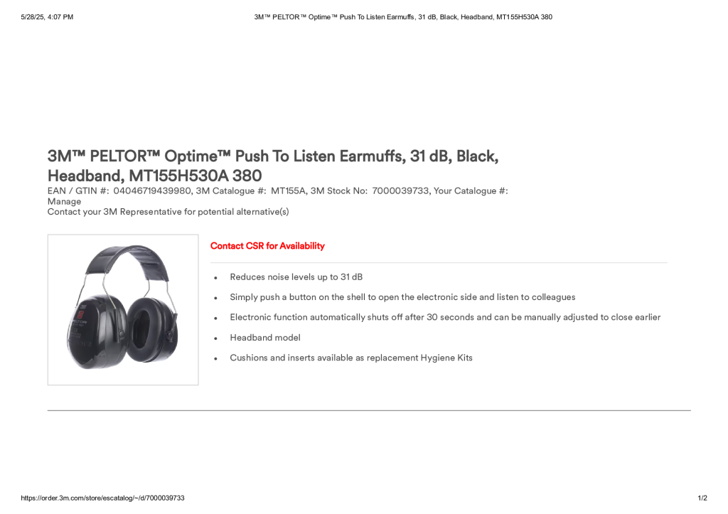 3M™ PELTOR™ Optime™ Push To Listen Earmuffs, 31 dB, Black, Headband, MT155H530A 380