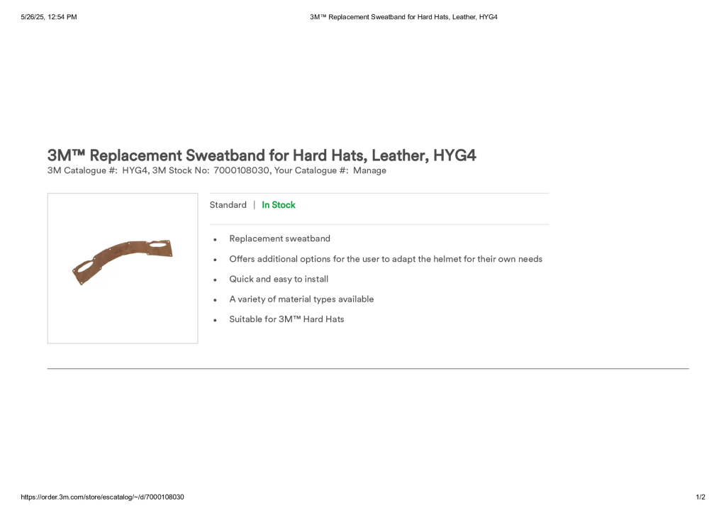 3M™ Replacement Sweatband for Hard Hats, Leather, HYG4