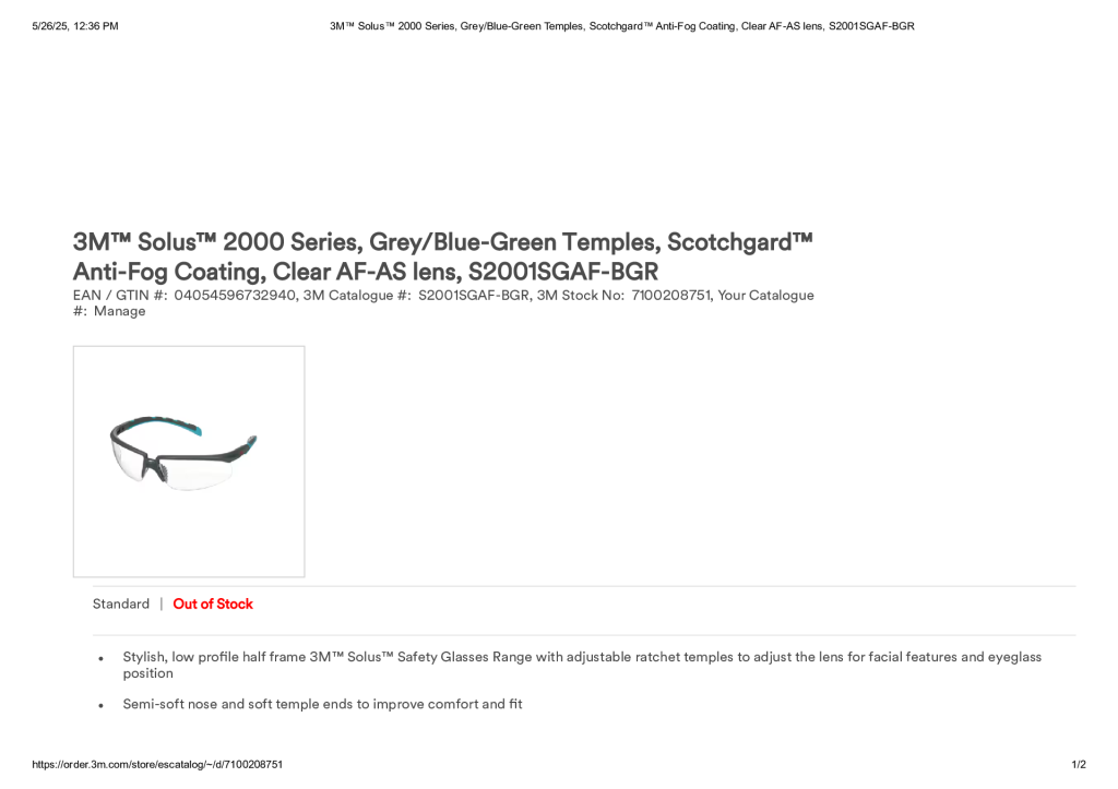 3M™ Solus™ 2000 Series, Grey_Blue-Green Temples, Scotchgard™ Anti-Fog Coating, Clear AF-AS lens, S2001SGAF-BGR