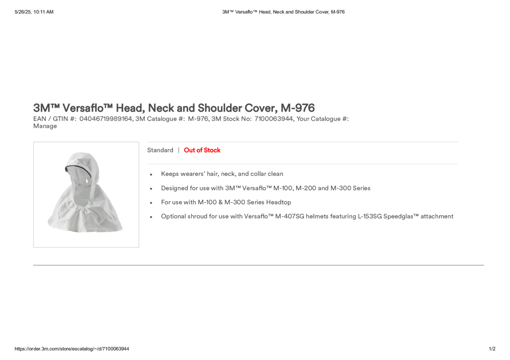 3M™ Versaflo™ Head, Neck and Shoulder Cover, M-976