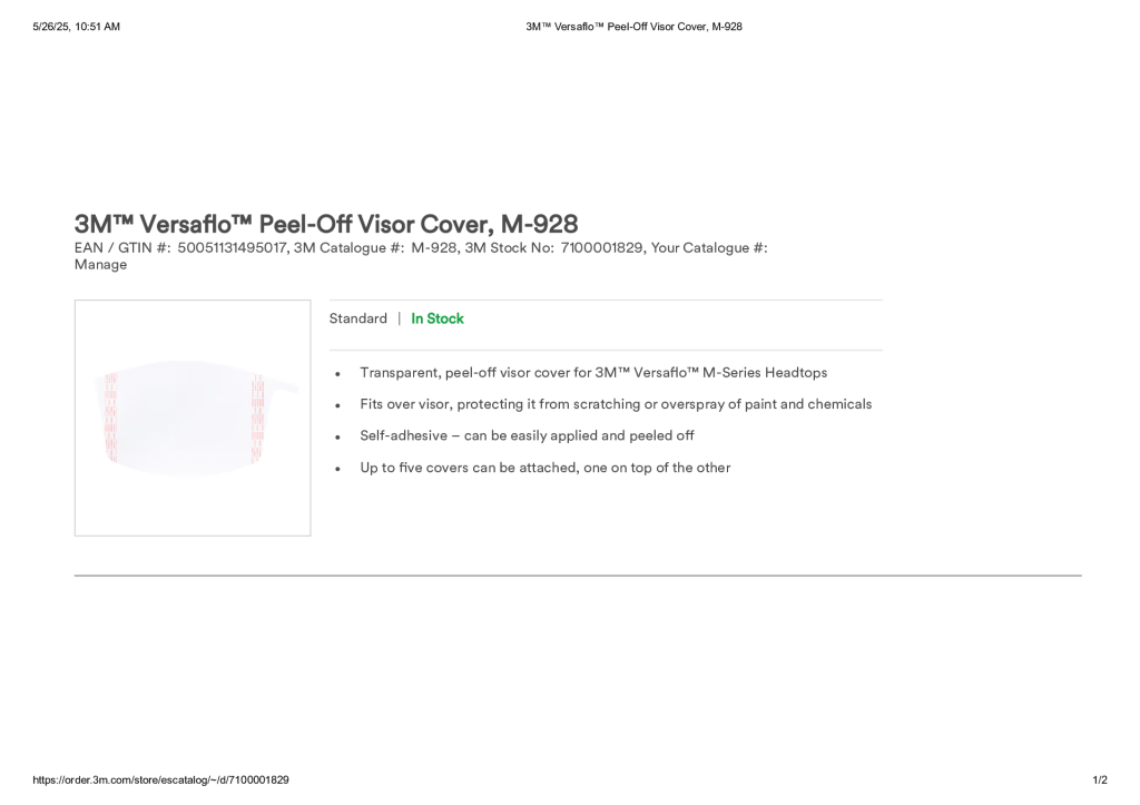3M™ Versaflo™ Peel-Off Visor Cover, M-928
