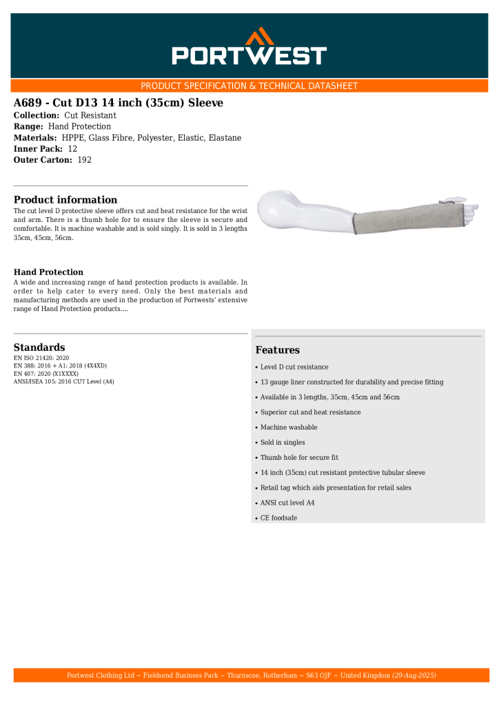 A689 Grey 14inch Cut Resistant Sleeve Spec