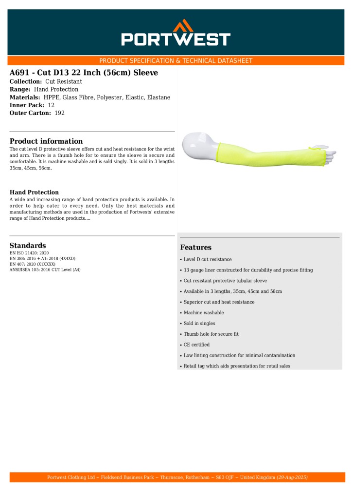 A691 Yellow 22in Cut Resistant Sleeve Spec