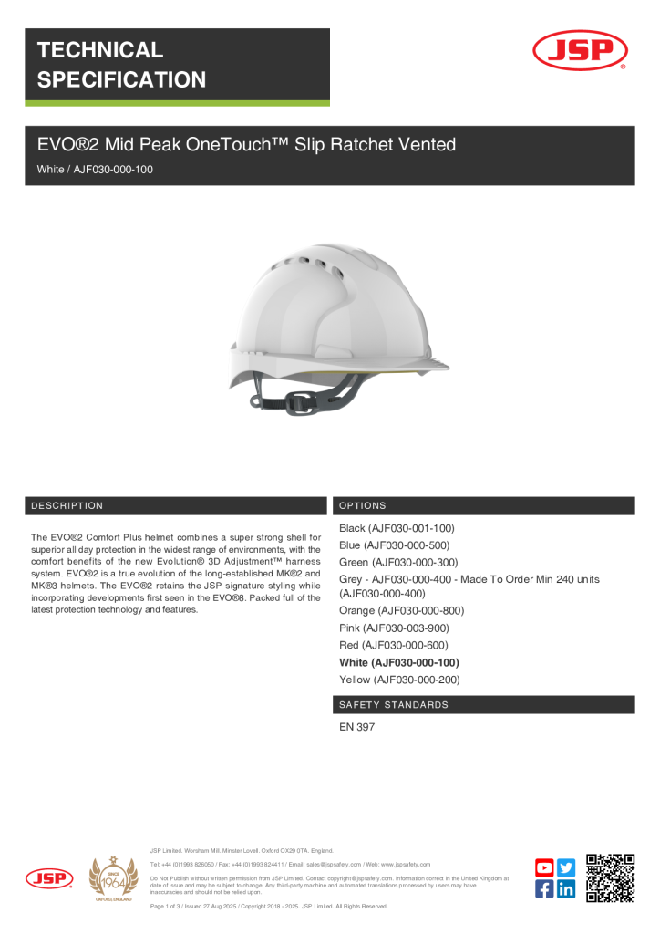 AJF030-000-100 JSP EVO2 Slip Ratchet Vented SPEC