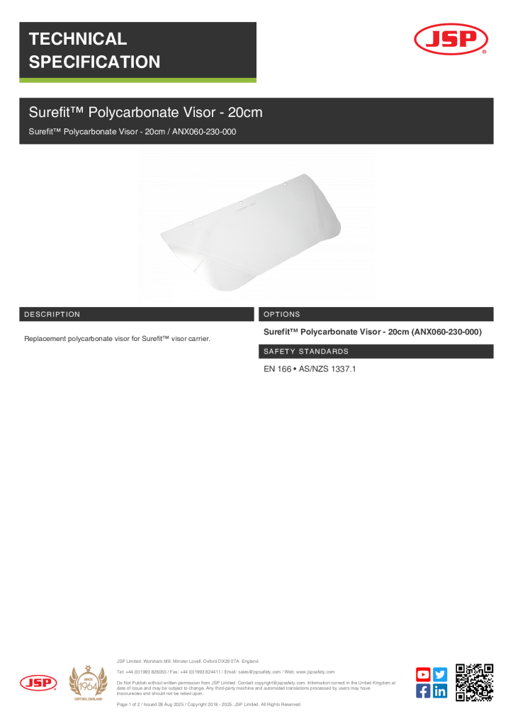 ANX060-230-000 JSP Polycarb Visor Spec