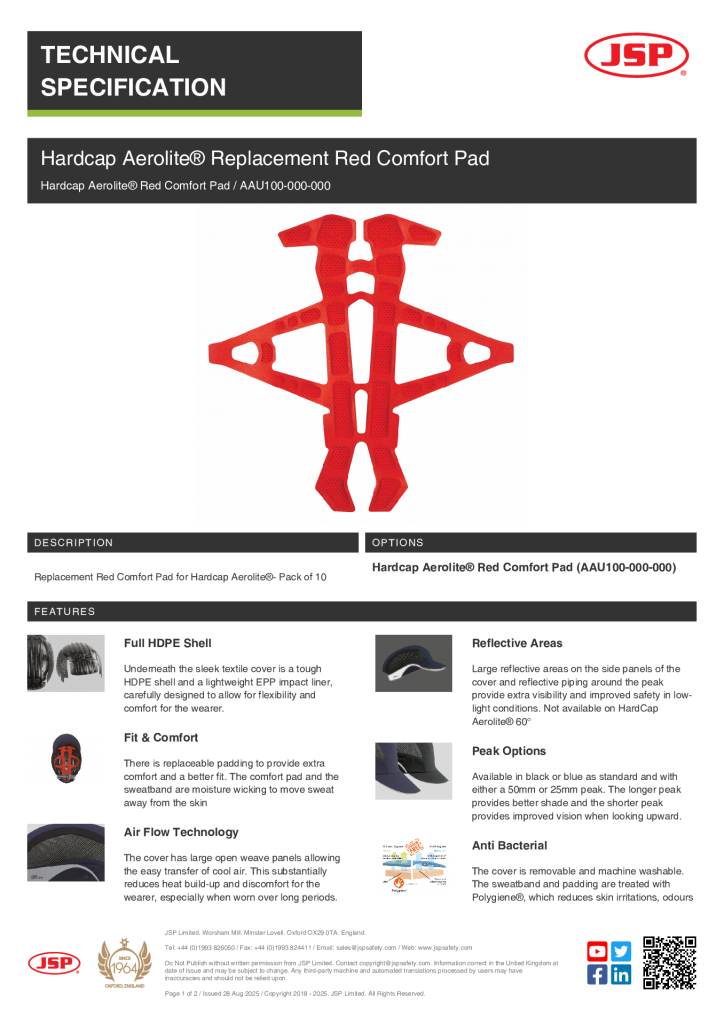 JSP AAU100-000-000 Comfort Pads for Hardcap Aeroli SPEC