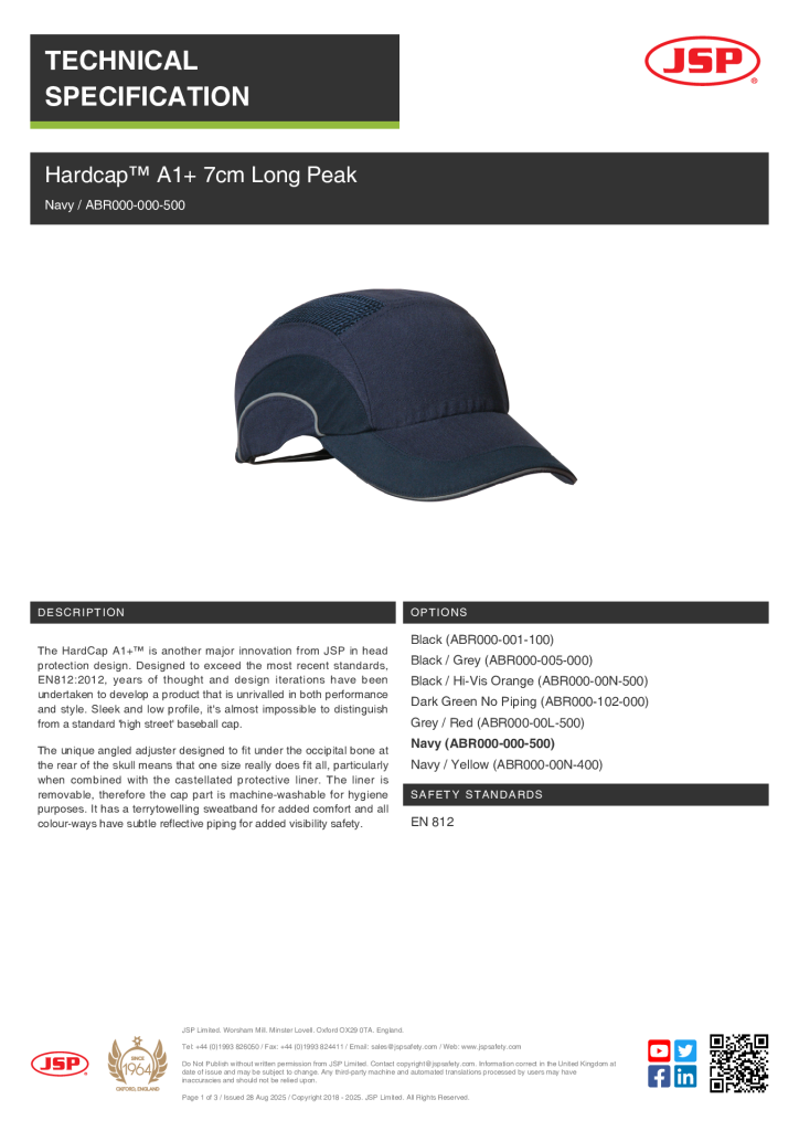 JSP ABR000-000-500 7cm Peak A1 Navy Hard Cap SPEC