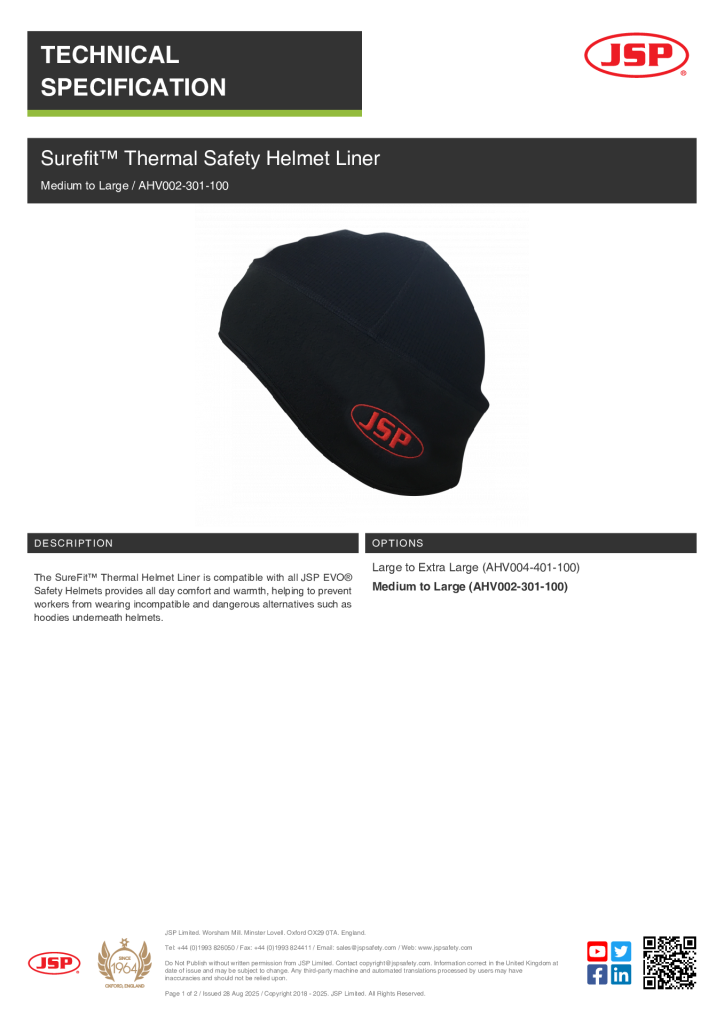 JSP AHV002-301-100 Surefit Thermal Liner SPEC