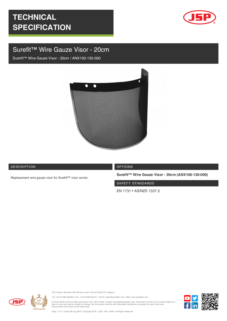 JSP ANX100-130-000 Mesh Visor Spec