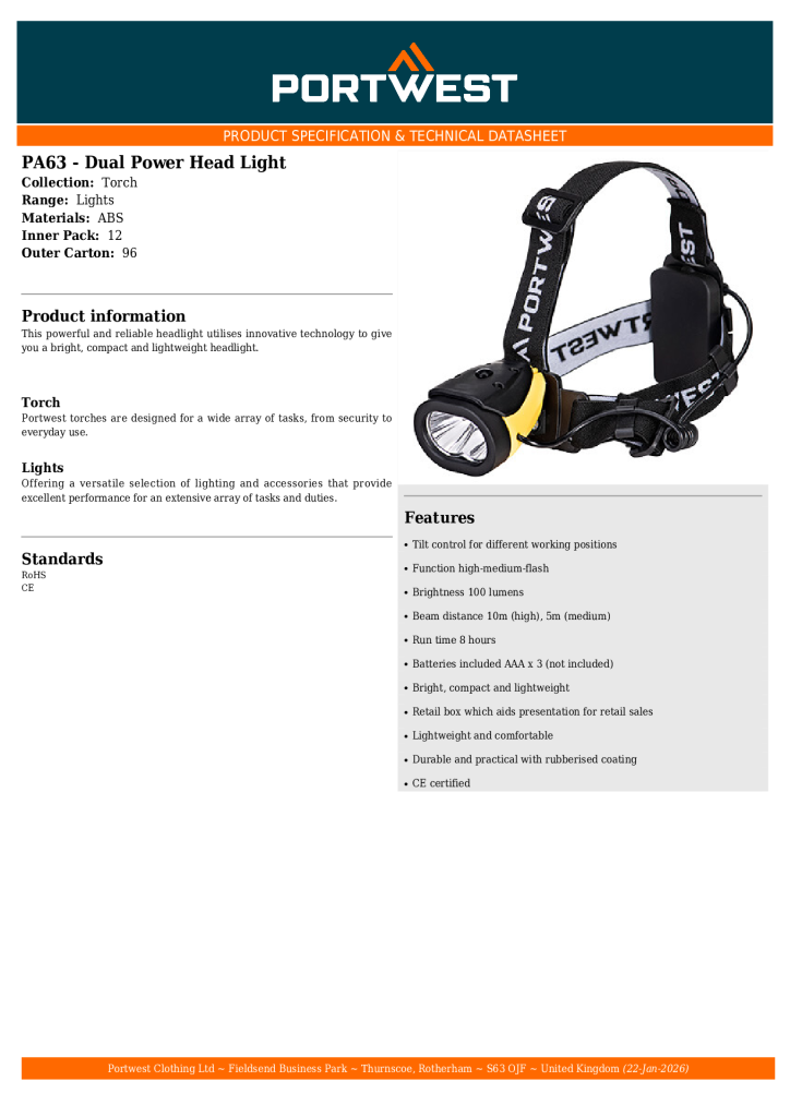 PA63 Dual Powr Head Light 8 hours 100 LM