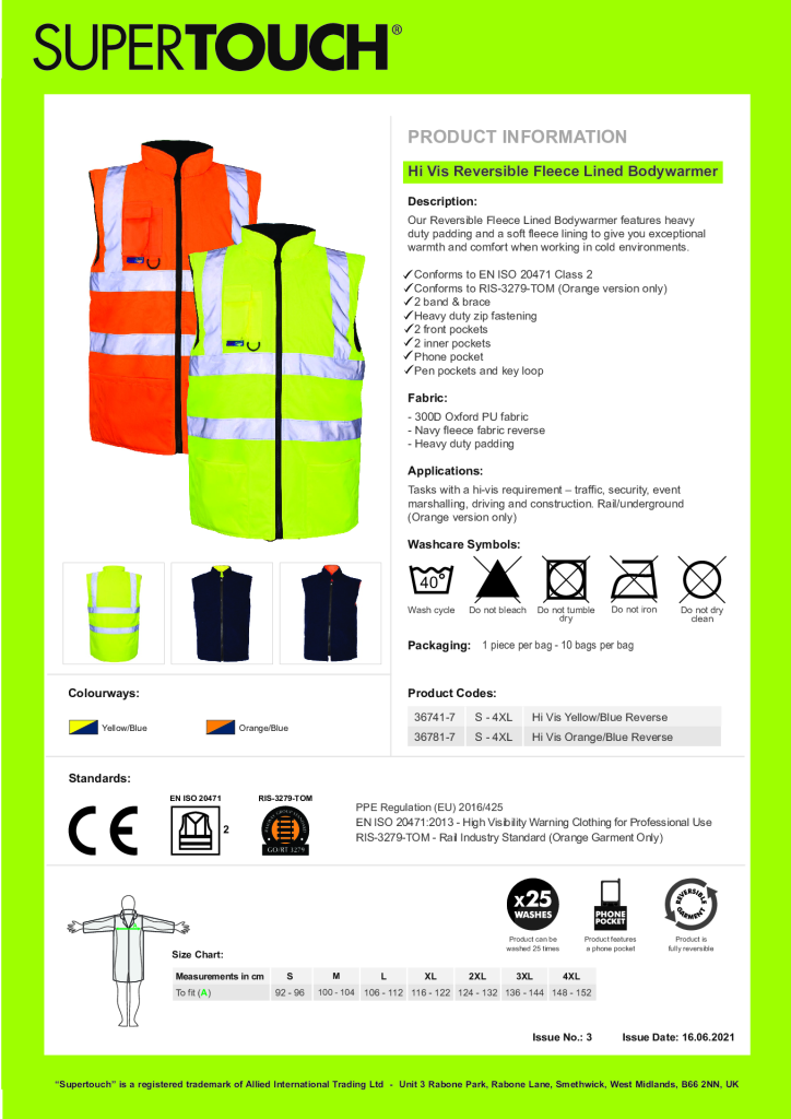 36741 Yellow Hi Vis Fleece Line Bodywarmer