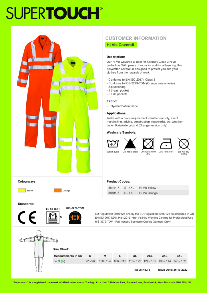 38481-7 Orange Hi Vis Boilersuit