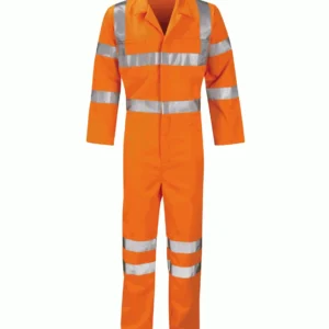 High-visibility orange coverall with silver reflective stripes across chest, arms, and legs
