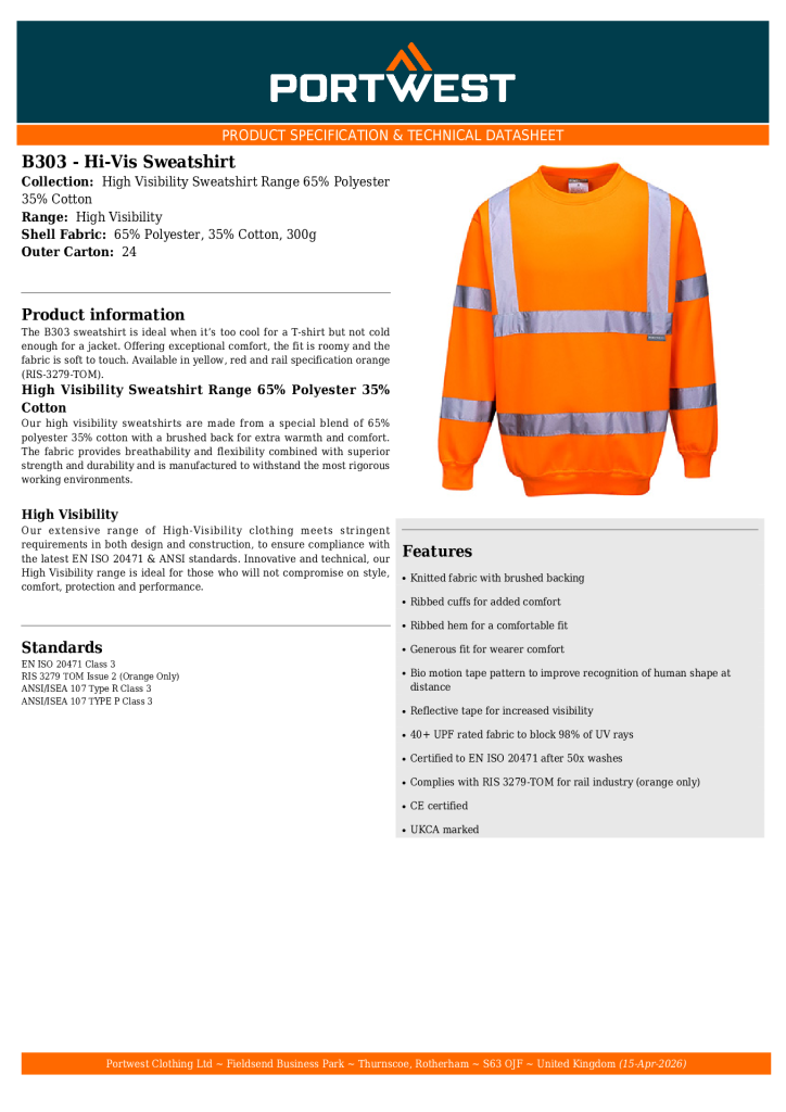 B303 Orange Hi Vis Sweatshirt