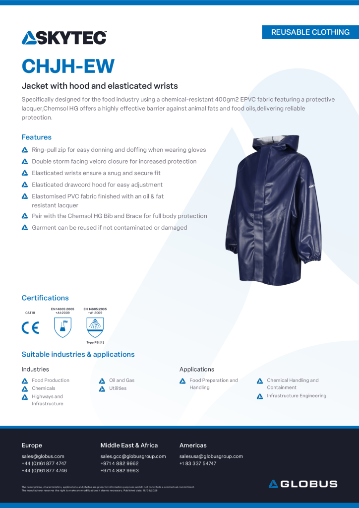 CHJH-EW Chemsol HG Jacket with hood, zip front