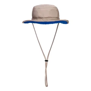 Beige quilted sun hat with blue underside brim and adjustable chin strap