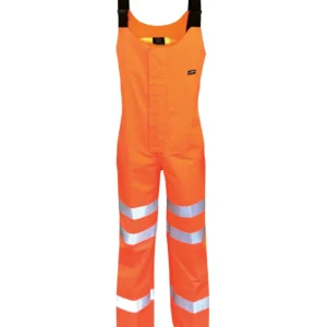 Orange high-visibility coveralls with black suspenders and reflective silver stripes around the legs, designed for safety.