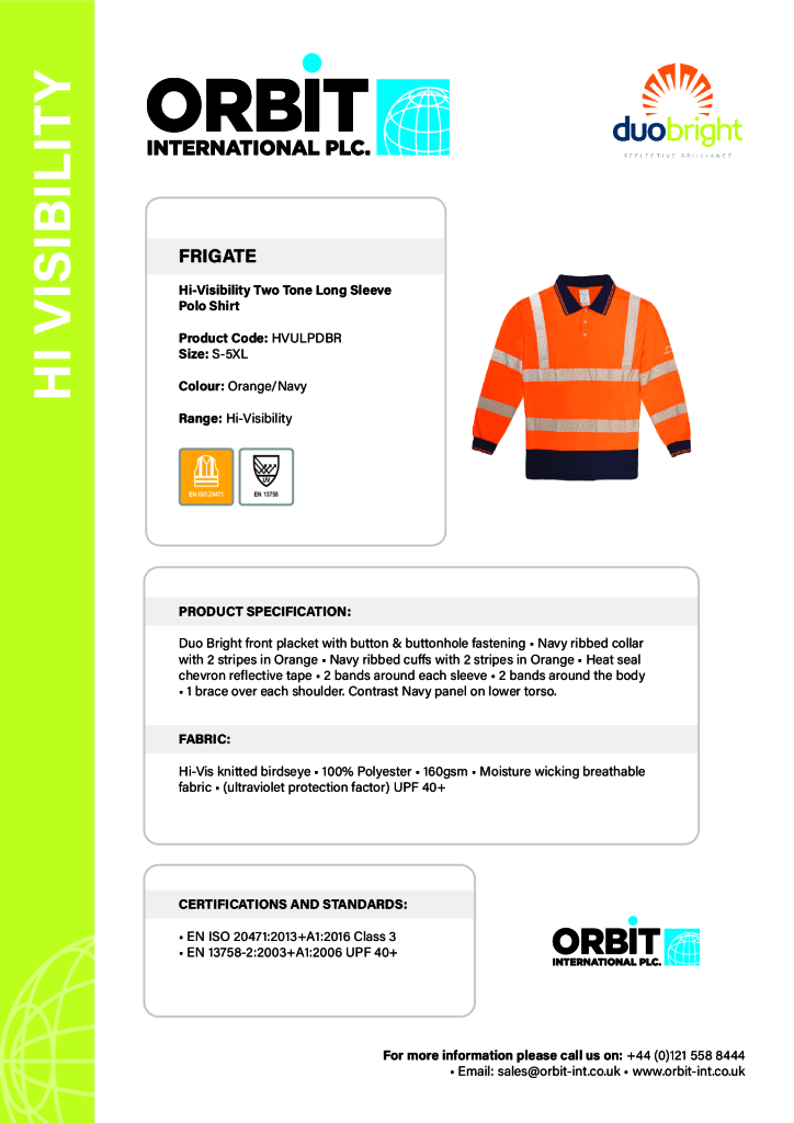 Frigate Hi-Visibility Two Tone Long Sleeve Polo Shirt Orange