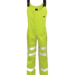 High-visibility neon yellow waterproof overalls with black adjustable shoulder straps and white reflective bands on legs