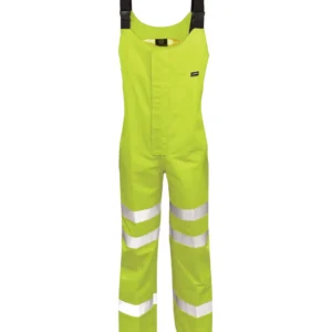 High-visibility neon yellow waterproof overalls with black adjustable shoulder straps and white reflective bands on legs