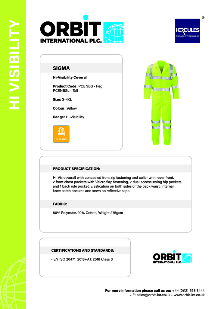 PCENBS Sigma Hi Vis Yellow Coverall
